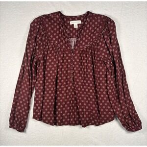 Treasure & Bond Women XS Burgundy Floral Metallic Stripe Boho Henley Blouse Top